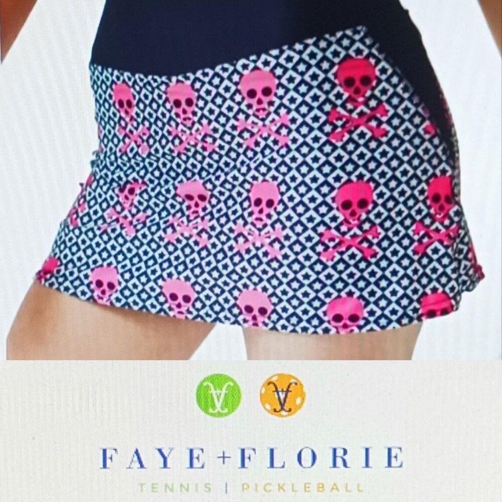 Faye Florie Athletic Skort Skull & Stars Blk/White/Ht Pink XS Tennis Pickle Ball